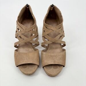 Eileen Fisher Tan Suede Wedge Sandals Back Zip Size 7 Strappy Open Toe